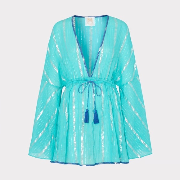 MILLY CABANA Scroll Burnout Cover-Up Mini Dress {$325} Turquoise Green Gold Sm - Picture 1 of 9